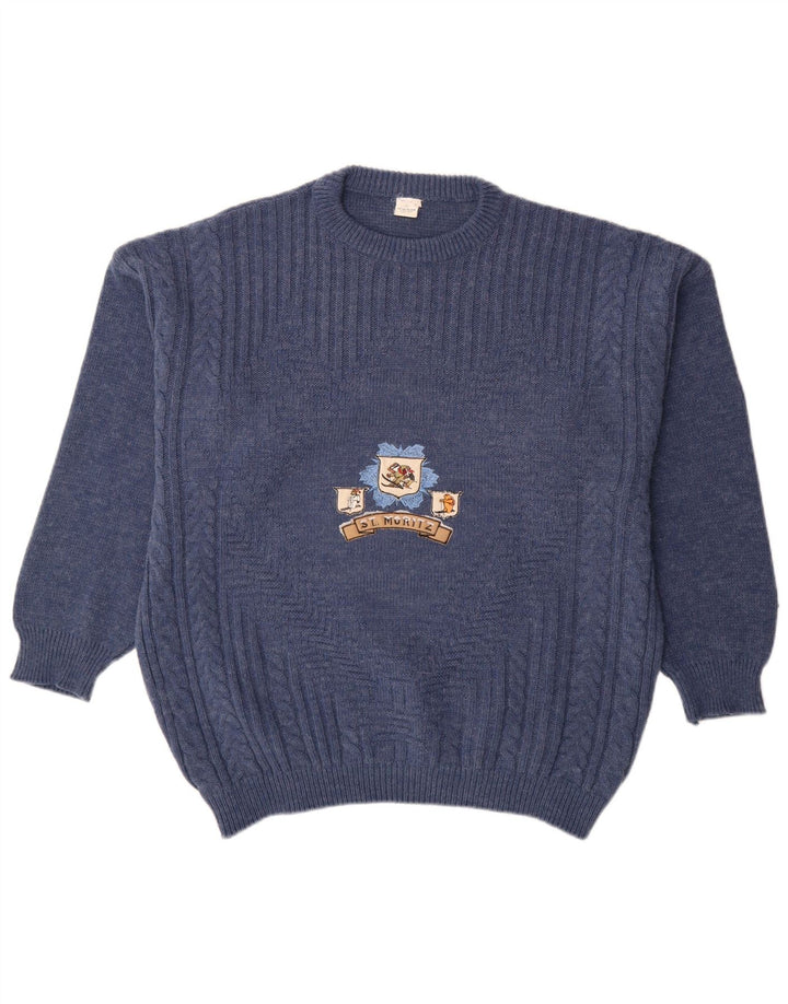 St Moritz Herre grafisk rund hals sweater stor blå uld
