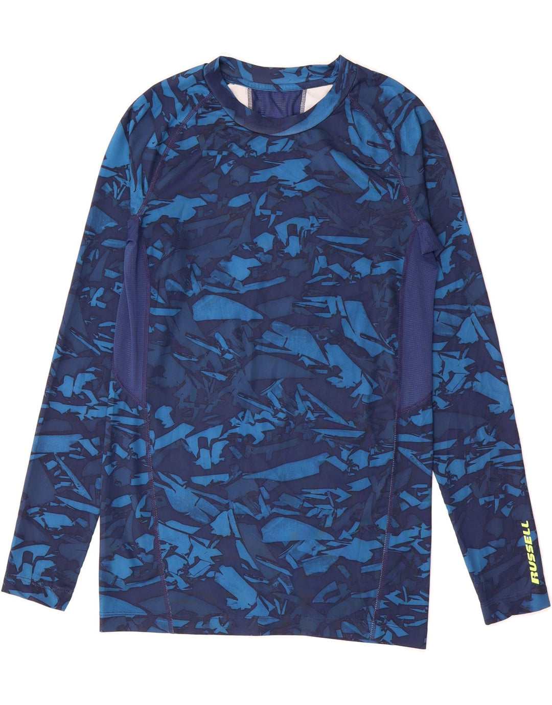 RUSSELL ATHLETIC Mens Top Long Sleeve Small Blue Camouflage Polyester Vintage Russell Athletic and Second-Hand Russell Athletic from Messina Hembry 