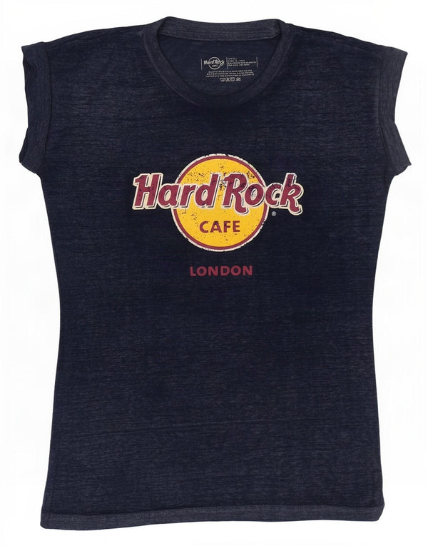 Hard Rock Cafe Dame London Grafisk T-Shirt Top UK 6 XS Navy Blue Flecked