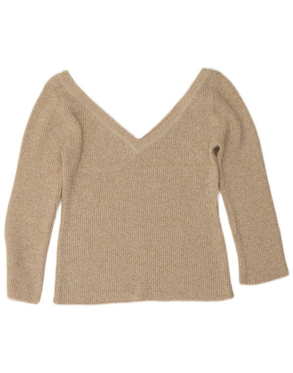 Zara Womens Crop 3/4-ærmet V-hals sweater UK 14 Large Beige Flecked