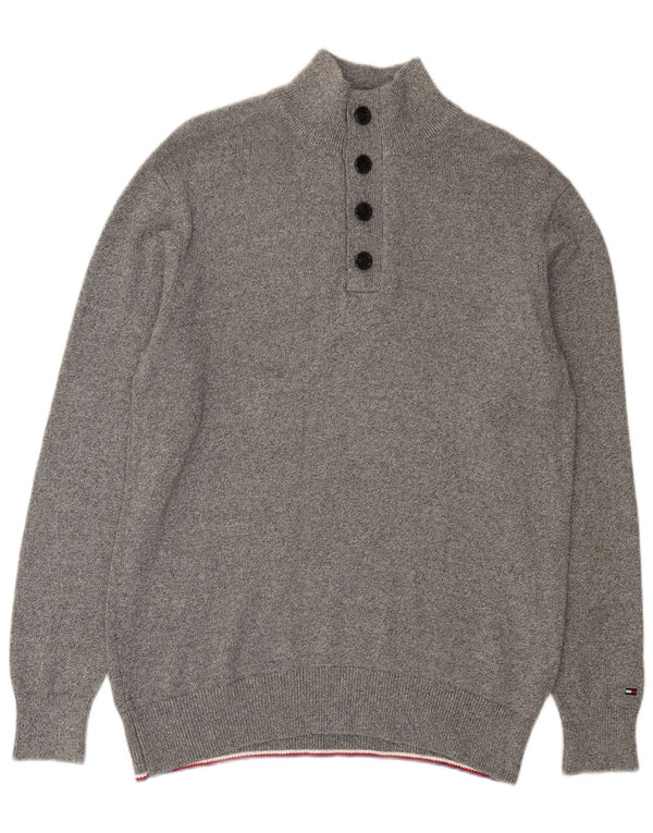 Tommy Hilfiger Herre Button Neck Jumper Sweater XL Grå Flecked Bomuld