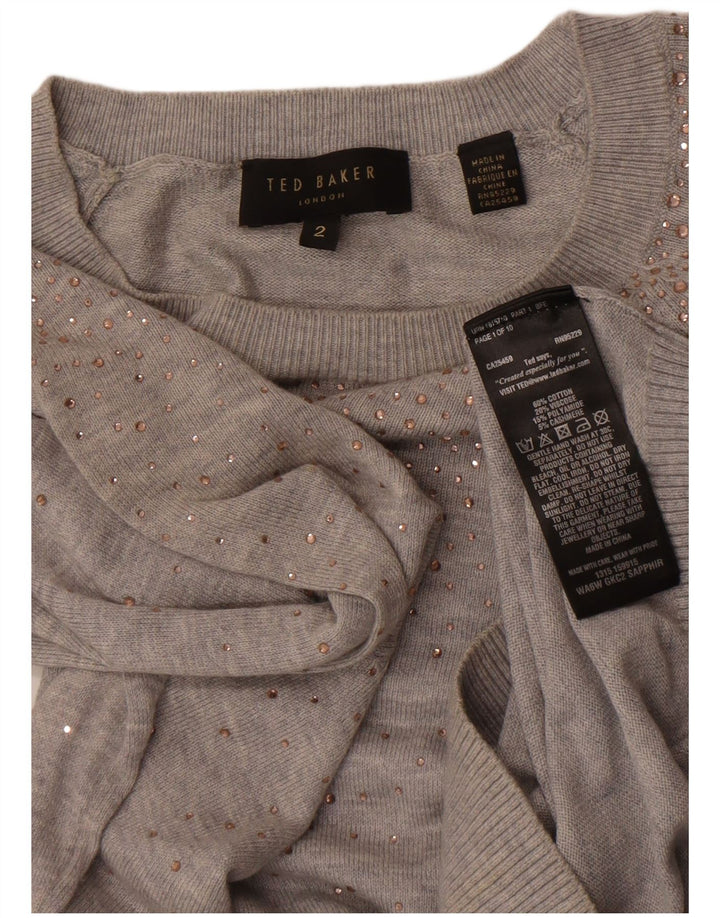 Ted Baker Dame Boat Neck Jumper Sweater Størrelse 2 Lille Grå Flecked Bomuld
