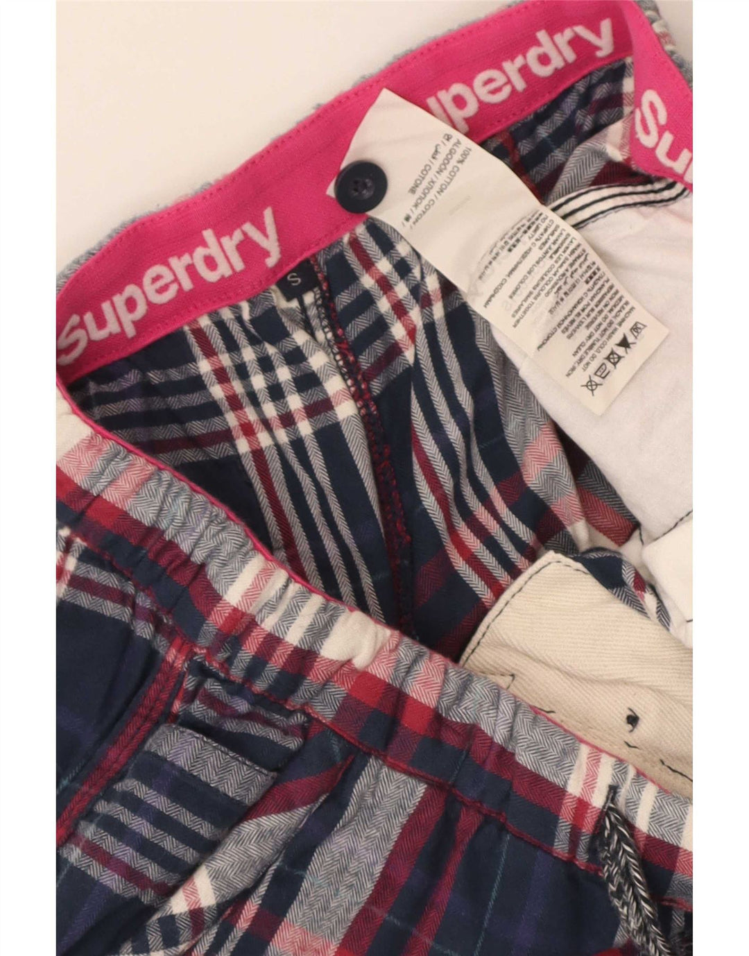 Superdry Hot Pants til kvinder Small W28 Navyblå Plaid Bomuld