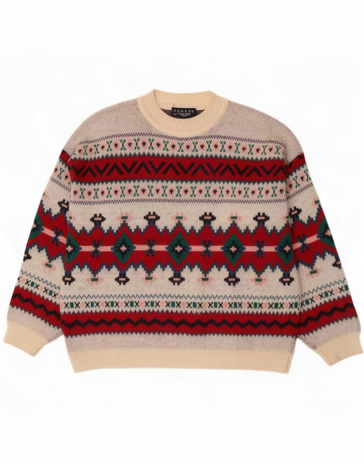 Vintage herre sweater med rund hals XL flerfarvet geometrisk uld