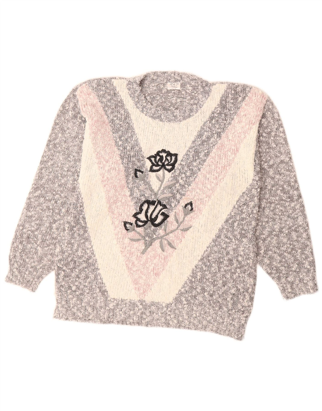 VINTAGE Dame sweater med rund hals, UK 14 Medium Grey Colourblock