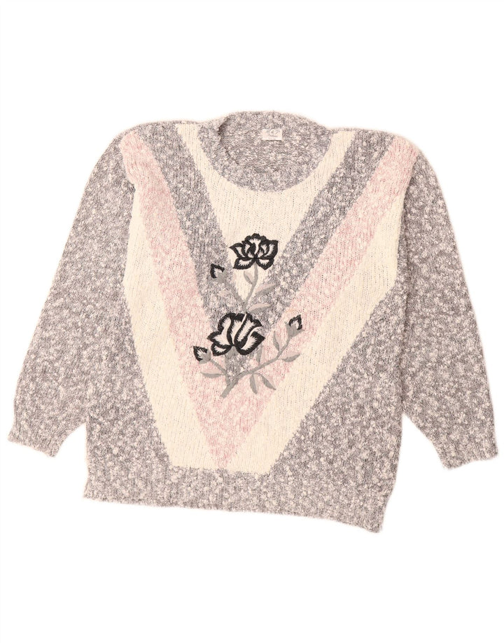 VINTAGE Dame sweater med rund hals, UK 14 Medium Grey Colourblock