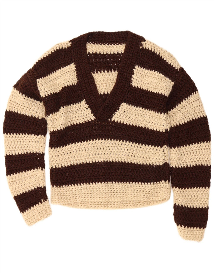 Vintage Dame V-hals sweater UK 12 Medium Brun Stribet