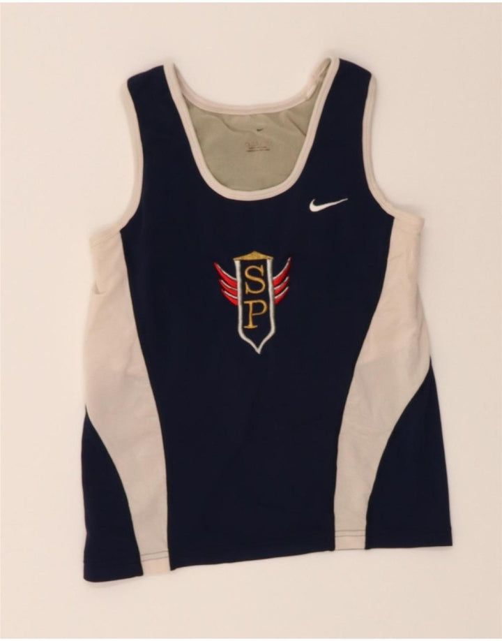 NIKE Boys Graphic Vest Top 8-9 Years Small Navy Blue Colourblock Polyester Vintage Nike and Second-Hand Nike from Messina Hembry 