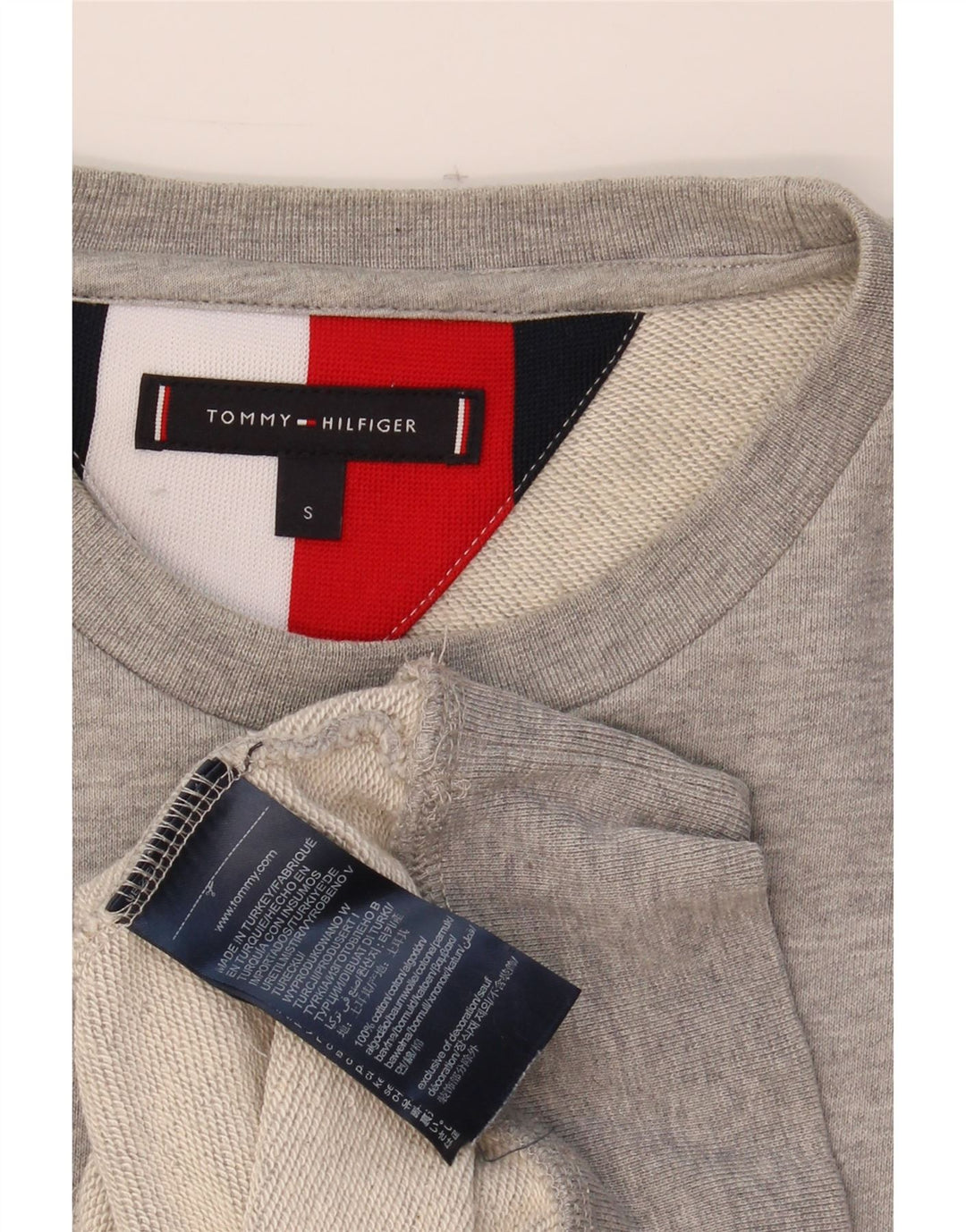 TOMMY HILFIGER Mens Graphic Sweatshirt Jumper Small Grey Colourblock Vintage Tommy Hilfiger and Second-Hand Tommy Hilfiger from Messina Hembry 