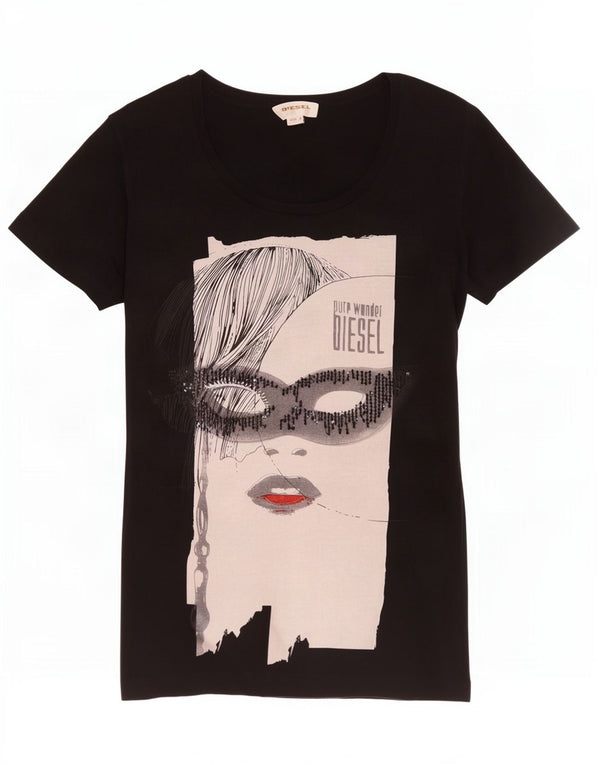 Diesel Dame Grafisk T-Shirt Top UK 10 Lille Sort