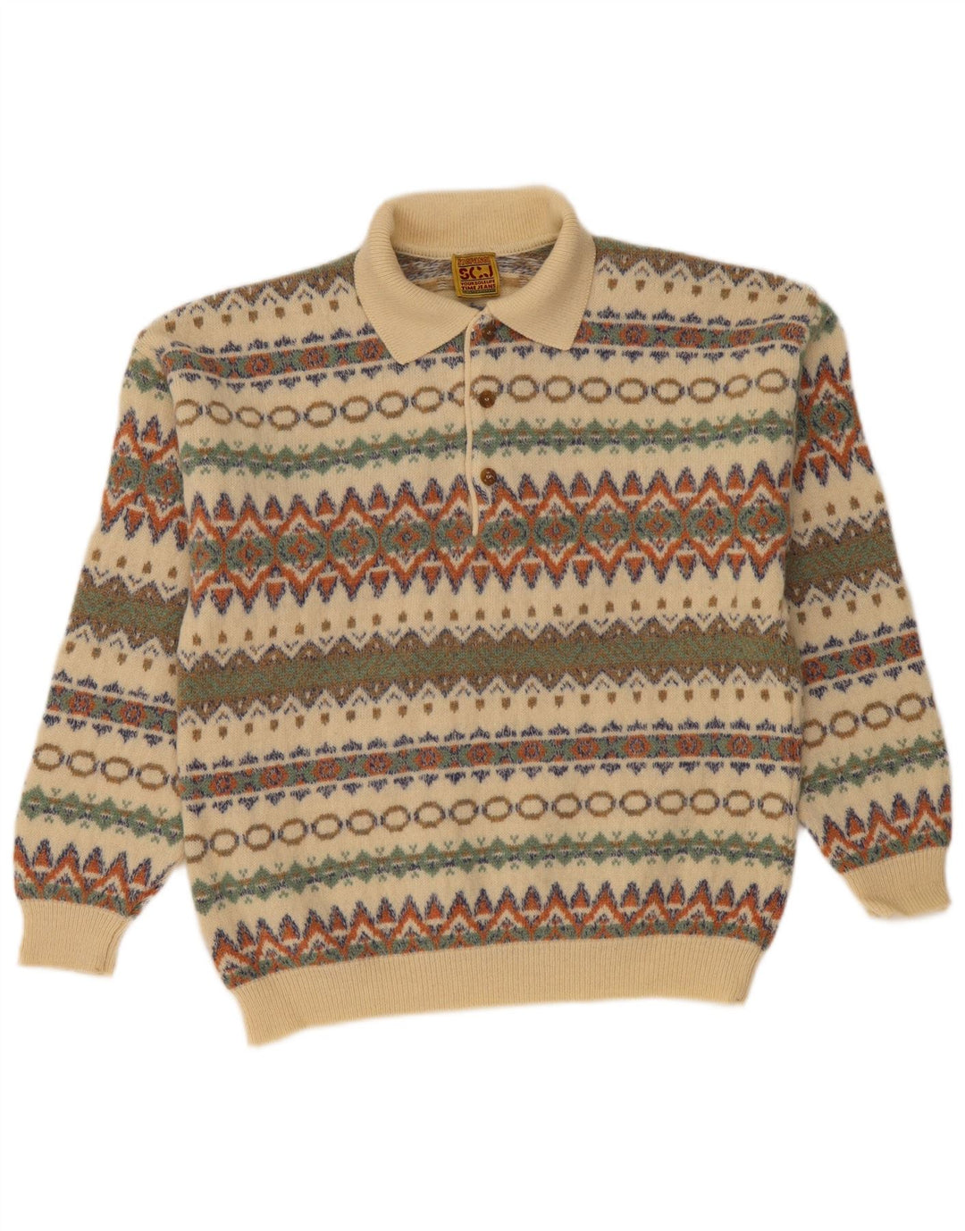 STEFANEL Herre Polo Neck Jumper Sweater Medium Beige Fair Isle