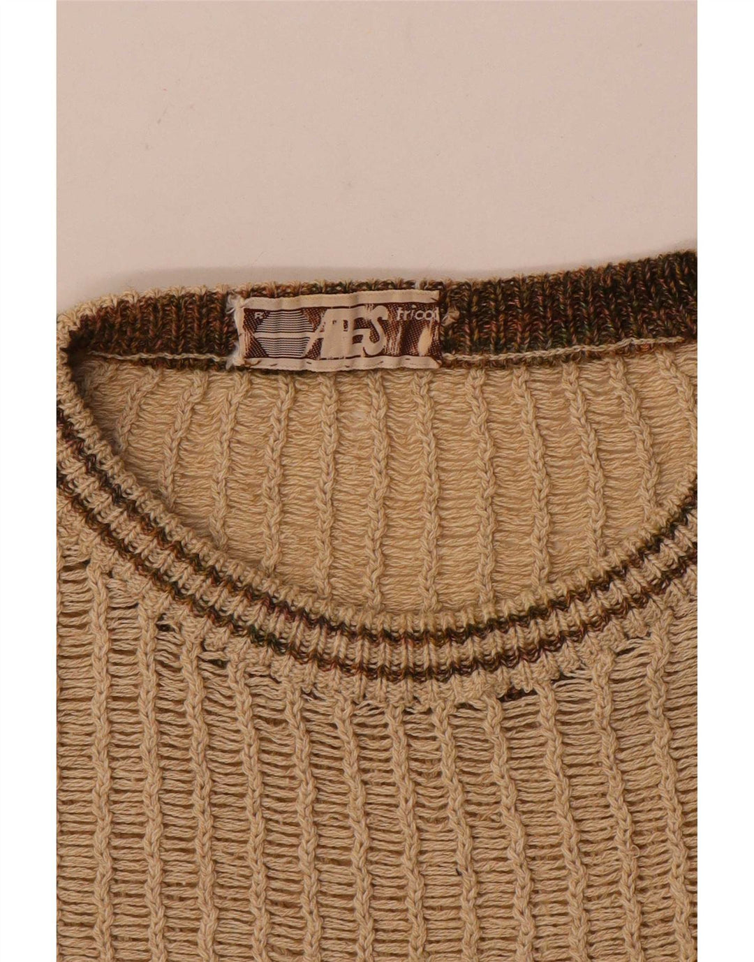 Vintage Herre Boat Neck Jumper Sweater Medium Beige Stribet