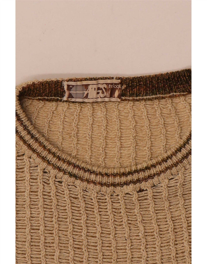 Vintage Herre Boat Neck Jumper Sweater Medium Beige Stribet