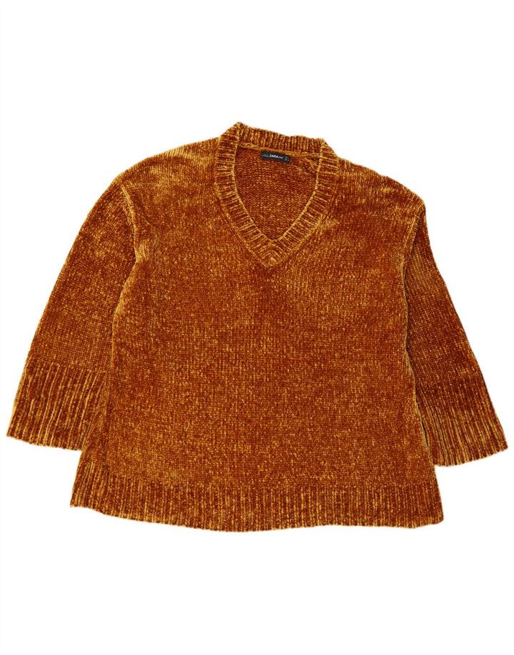 ZARA Dame Oversized V-hals sweater UK 14 Medium Brun Elastomere