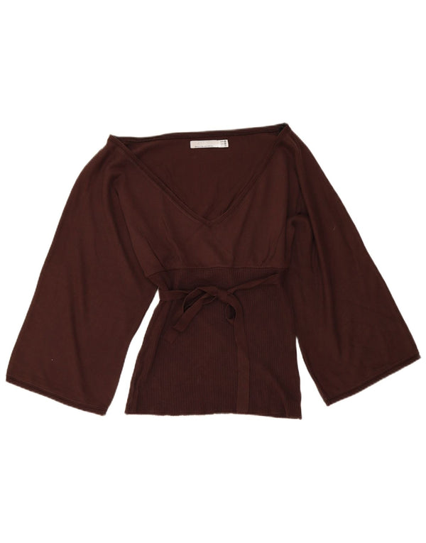 Zara dametrøje med 3/4 ærmer med V-hals, UK 12 Medium brun bomuld