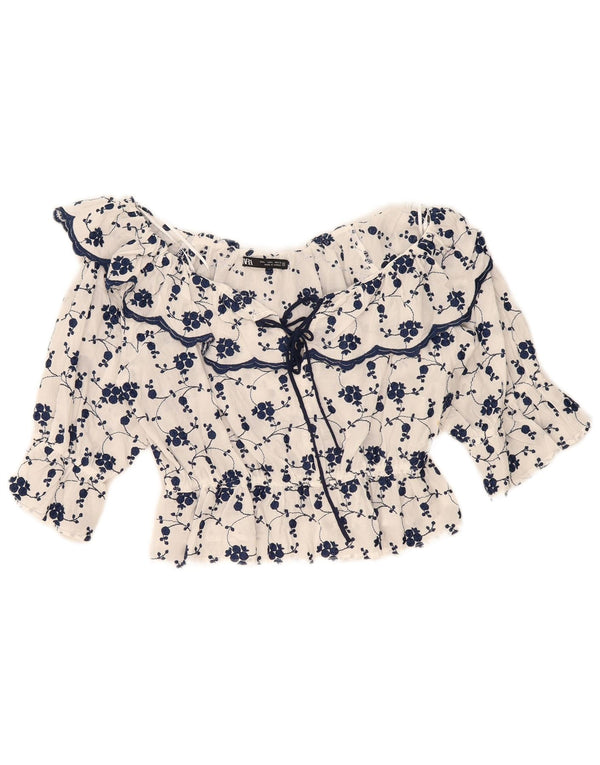 Zara Womens Crop Off Shoulder Bluse Top UK 14 Large White Floral Bomuld