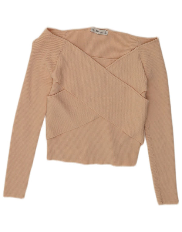 Zara Womens Long Sleeve Crop Off Shoulder Top UK 12 Medium Beige Viscose