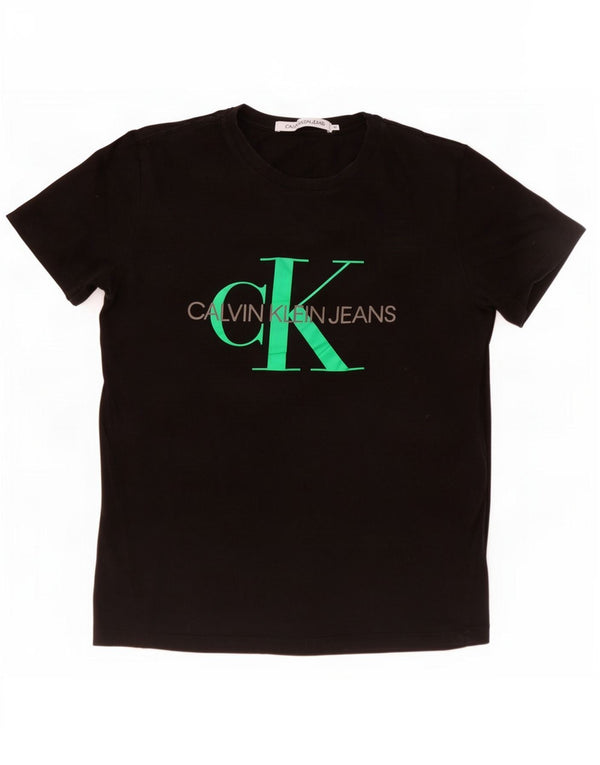 Calvin Klein Jeans Dame Grafisk T-Shirt Top UK 12 Medium Sort Bomuld