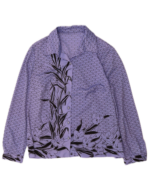 Vintage Kvinders grafisk skjortebluse UK 14 Large Purple Floral Polyester