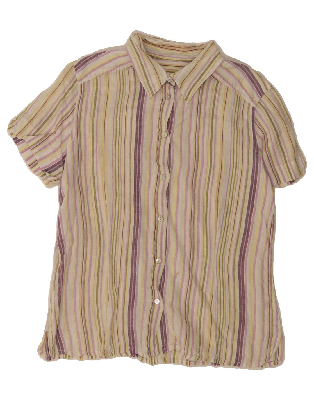 VINTAGE Womens Short Sleeve Shirt UK 14 Medium Beige Striped Vintage Vintage and Second-Hand Vintage from Messina Hembry 