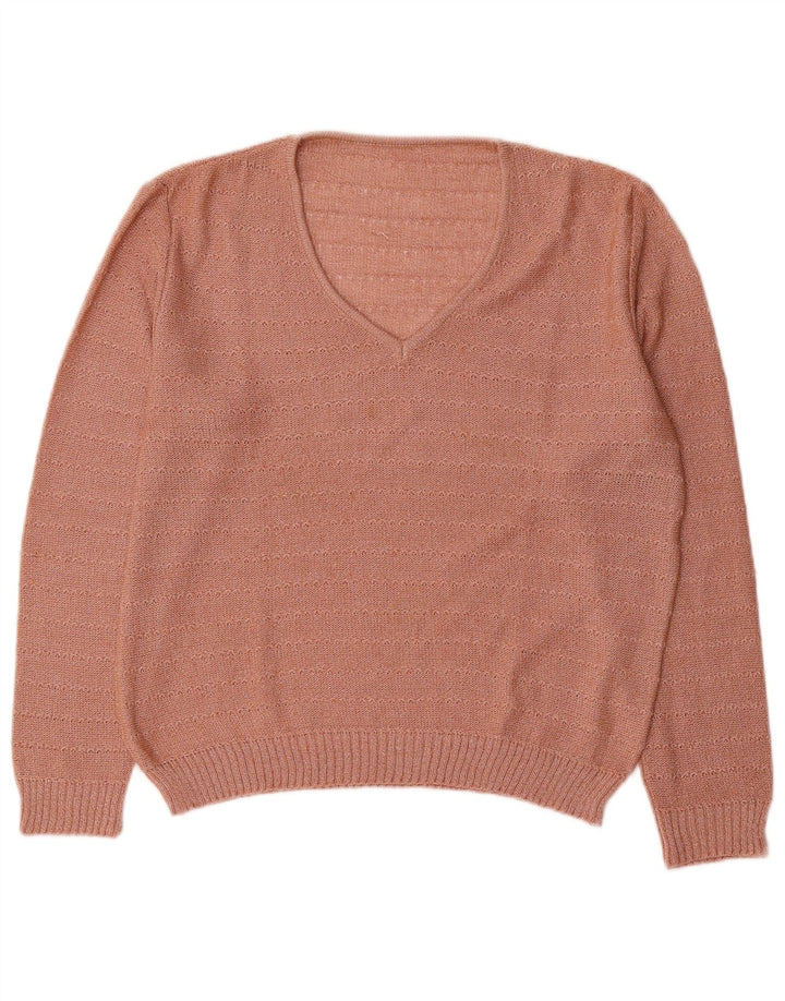 Vintage Dame V-hals Jumper Sweater UK 16 Stor Pink Stribet