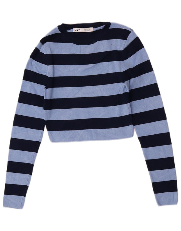 Zara Womens Crop Bluse Top UK 12 Medium Blue Striped Viscose