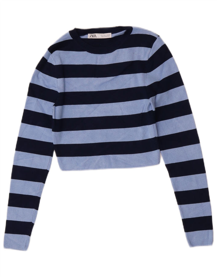 Zara Womens Crop Bluse Top UK 12 Medium Blue Striped Viscose