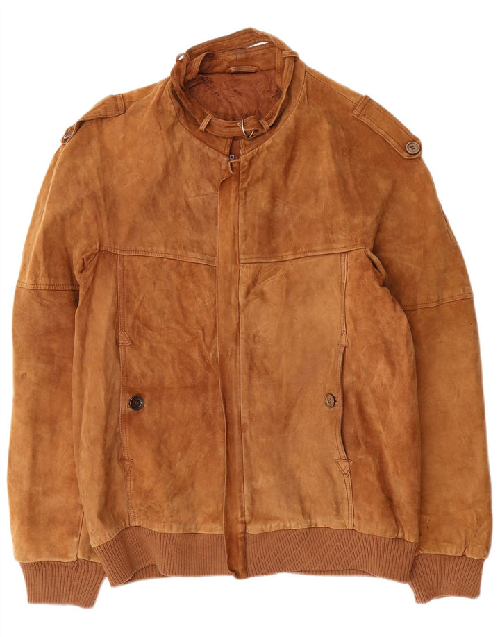 VINTAGE Mens Military Suede Bomber Jacket IT 48 Medium Brown