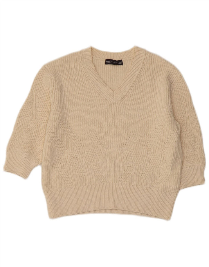 MARKS & SPENCER Dame Crop V-hals sweater UK 10 Small Beige