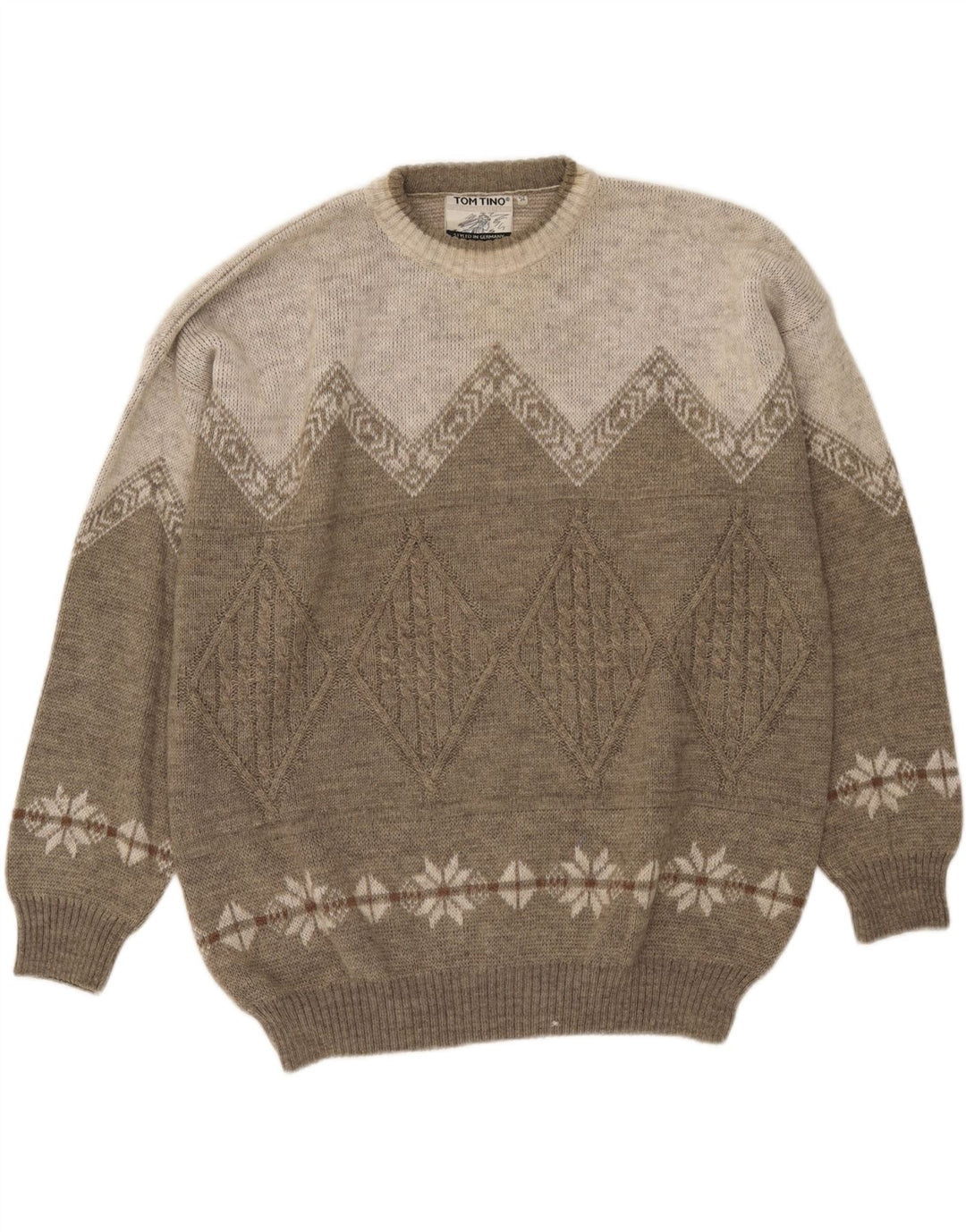 TOM TINO Mens Crew Neck Jumper Sweater IT 52 Large Beige Argyle/Diamond Vintage Tom Tino and Second-Hand Tom Tino from Messina Hembry 
