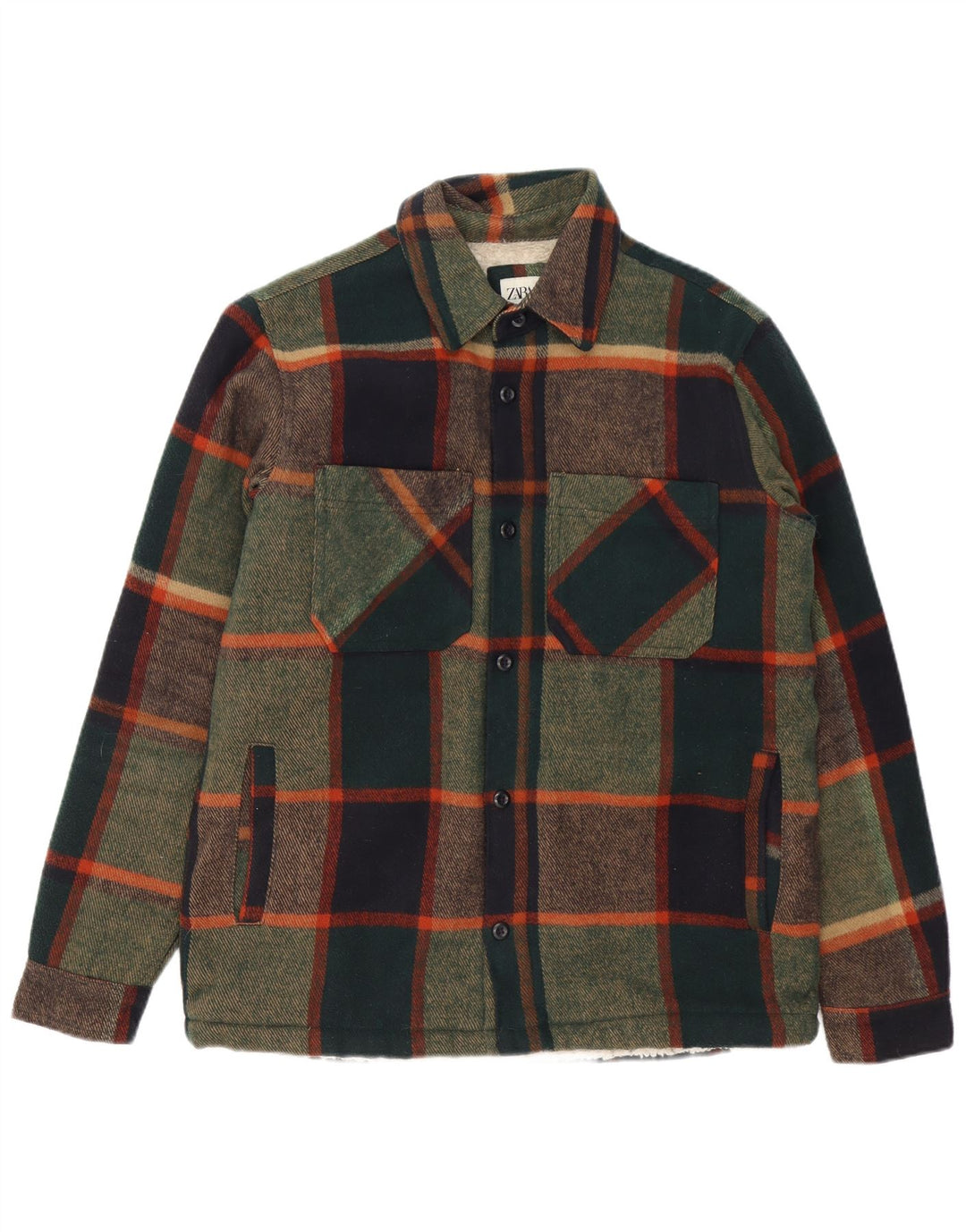 ZARA Herre Relaxed Fit Lumberjack Flanell Shirt Stor grøn ternet polyester