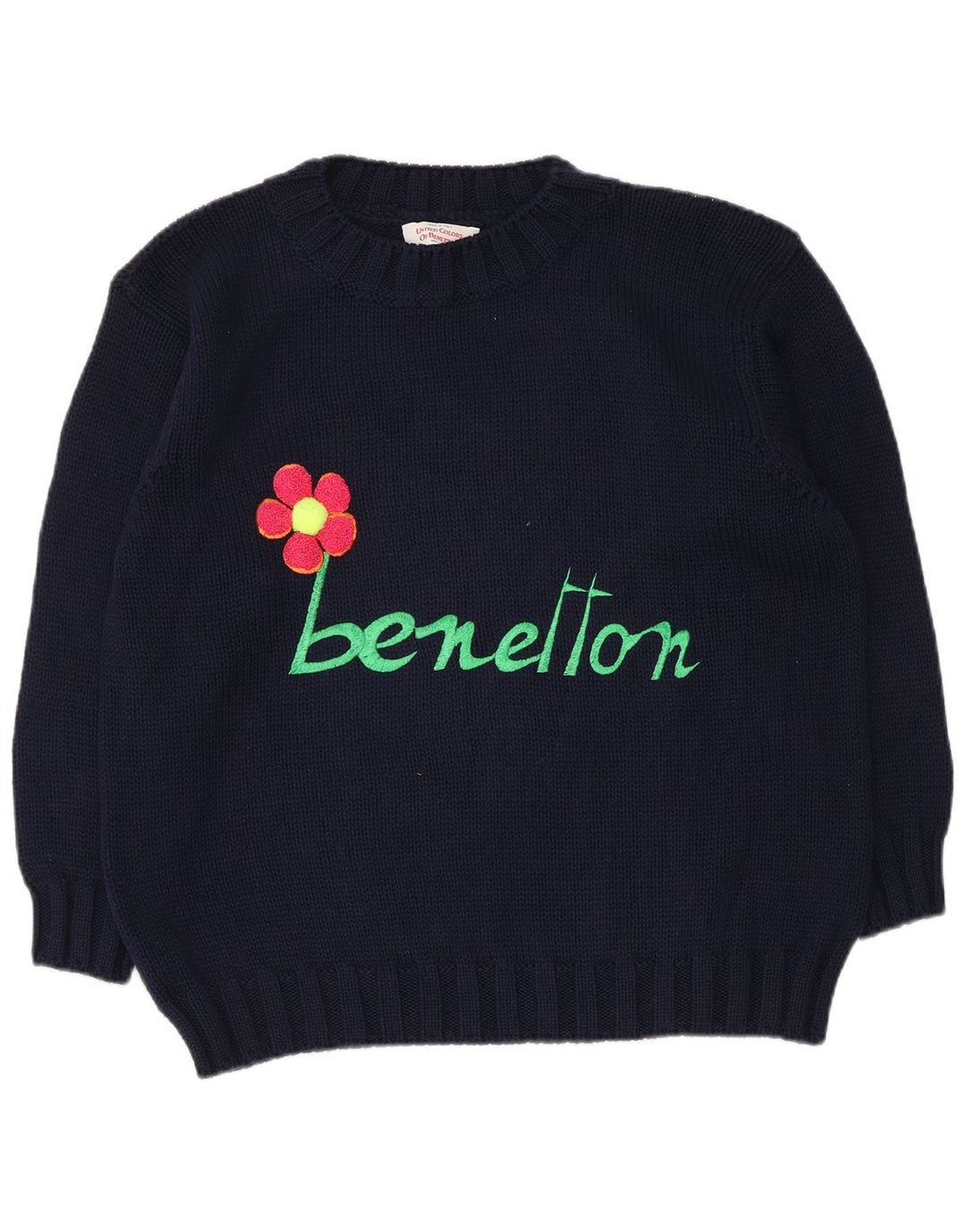 Benetton Dame Crew Neck Jumper Sweater IT 42 Medium Navy Blue Floral