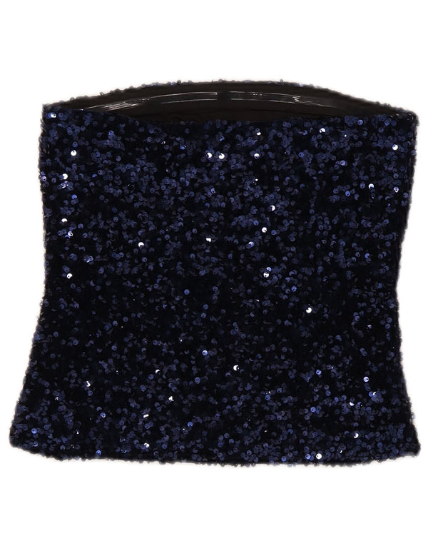 Etam Womens Crop Stropløs Top UK 10 Small Navy Blue Polyester