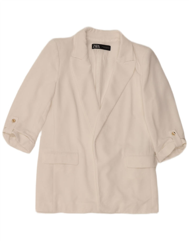 ZARA Dame 3/4 ærmet åben blazerjakke UK 14 Medium White Polyester