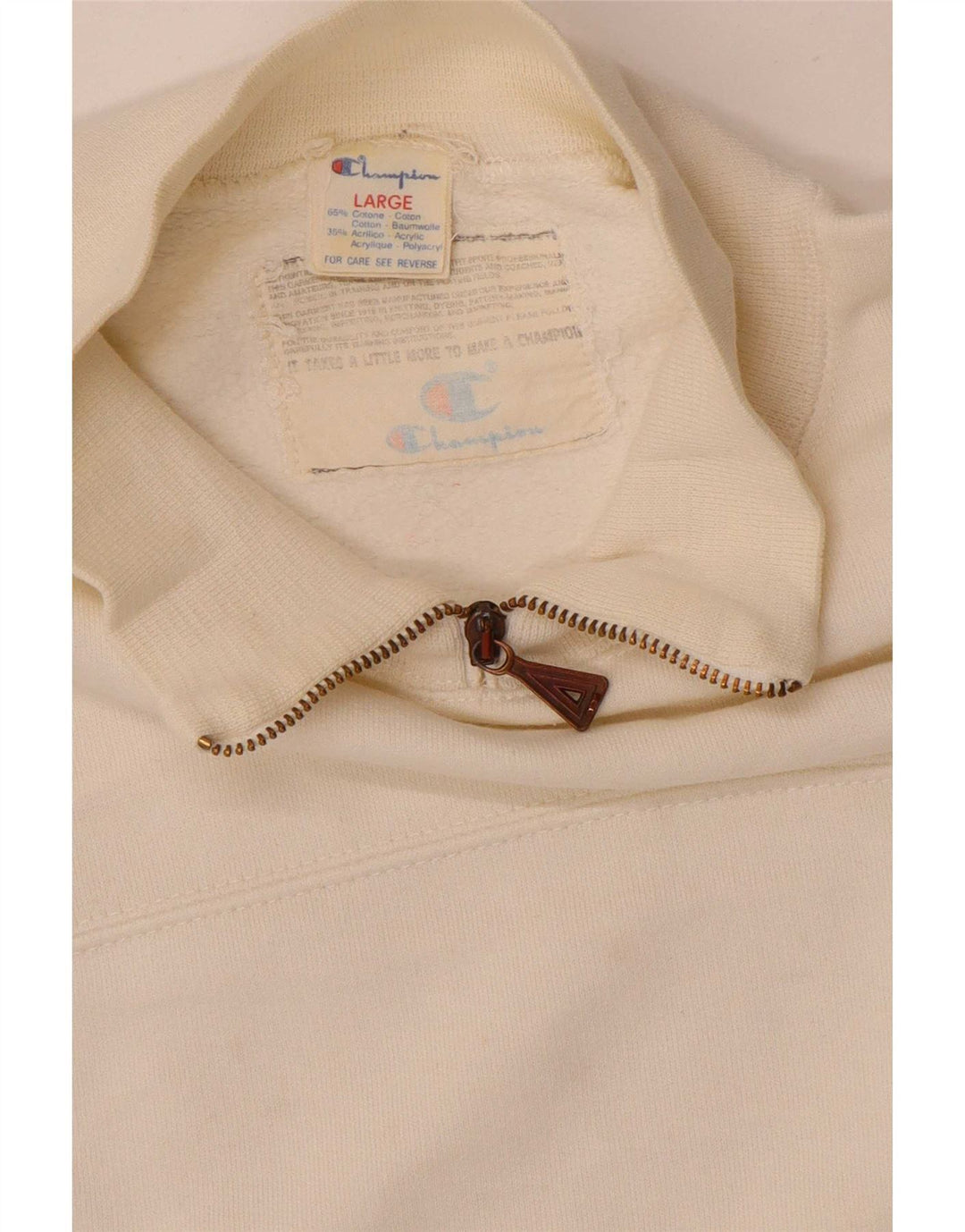 Champion Herre Zip Neck Sweatshirt Jumper Large Off White Bomuld