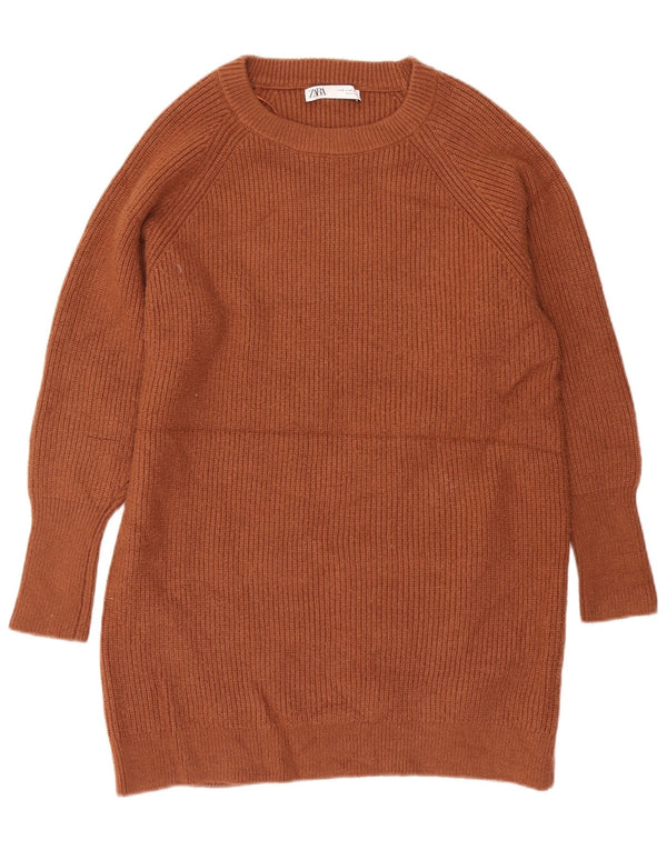 Zara Dame Langærmet Jumper Kjole UK 14 Medium Brun Akryl