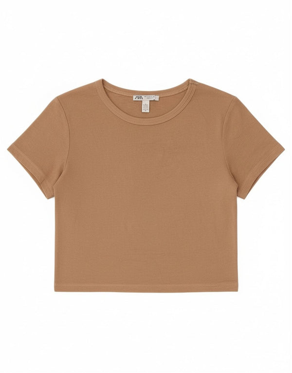 Zara Womens Crop T-Shirt Top UK 14 Stor Beige Viscose