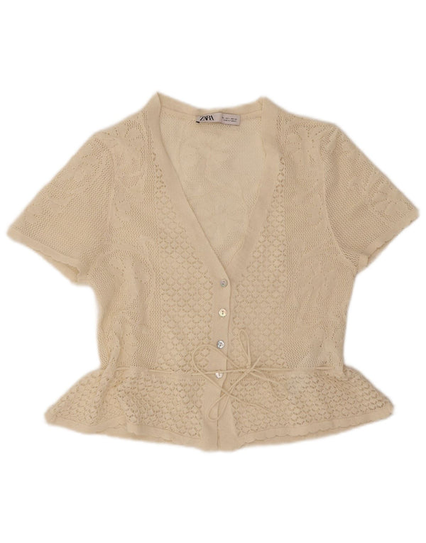 Zara kortærmet hæklet skjortebluse til kvinder UK 14 Large Off White