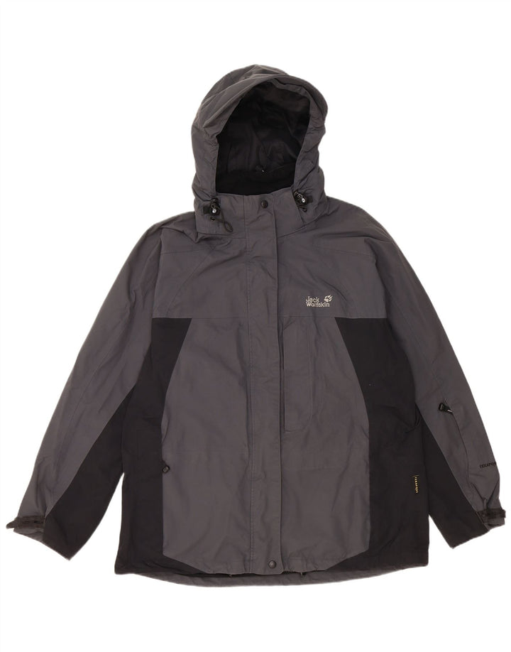 JACK WOLFSKIN Regnjakke med hætte til kvinder UK 14/16 Stor grå farveblok