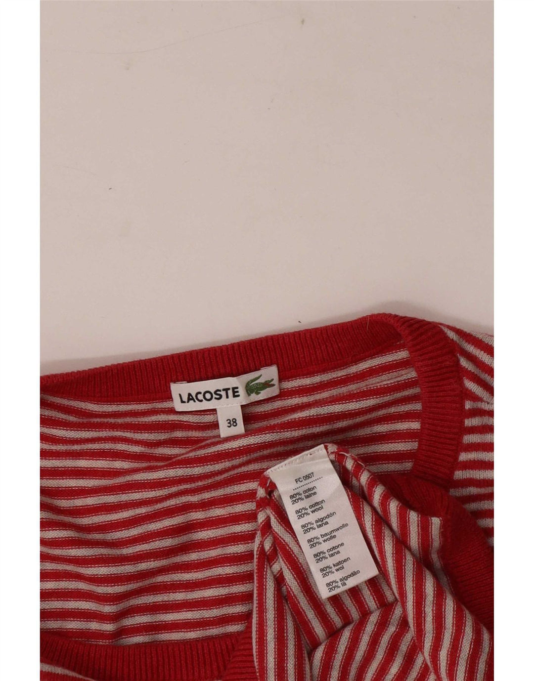 Lacoste dame sweater med rund hals str. 38 Medium rød stribet