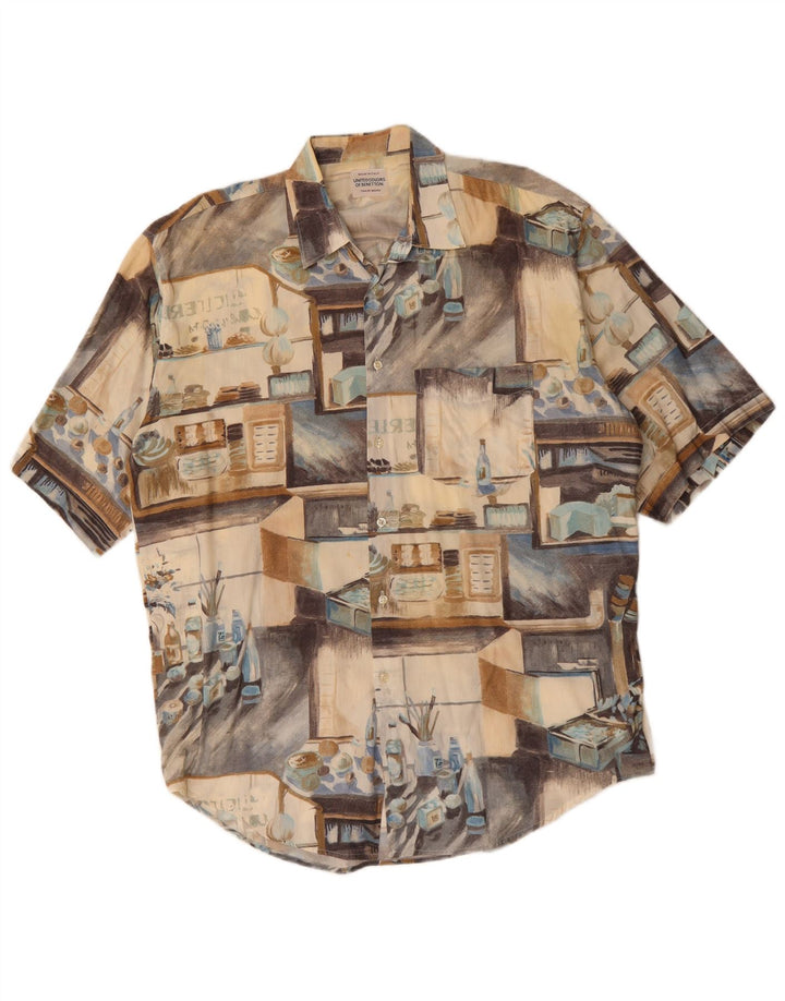 Benetton Herre grafisk kortærmet skjorte XL Beige Patchwork Bomuld