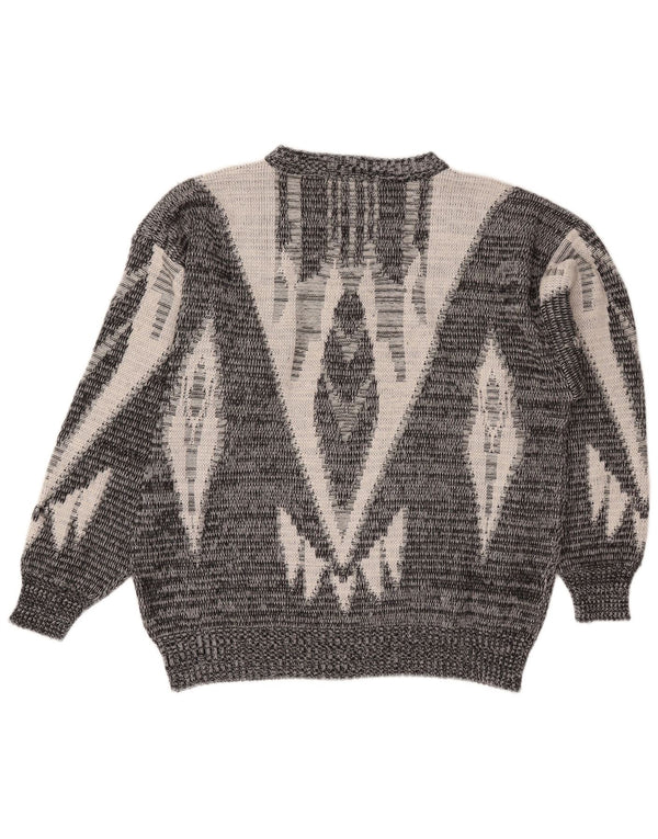 Vintage Dame Boat Neck Jumper Sweater UK 26 5XL Grå Geometrisk Akryl