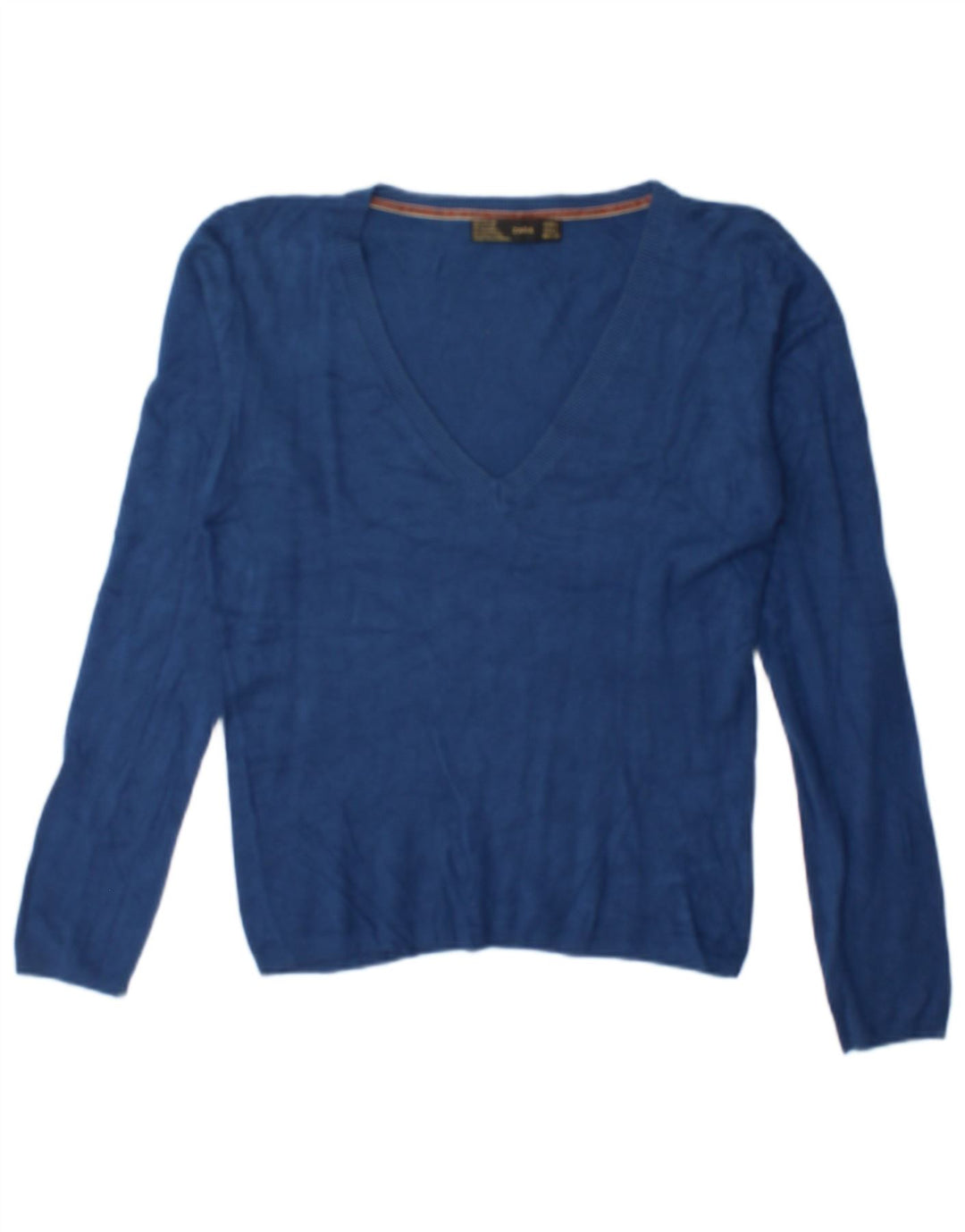 Zara Dame V-hals Jumper Sweater UK 16 Large Blue Rayon