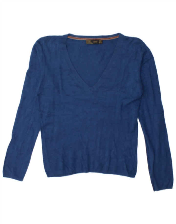 Zara Dame V-hals Jumper Sweater UK 16 Large Blue Rayon