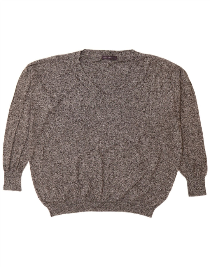 MARKS & SPENCER Womens V-Neck Jumper Sweater UK 18 XL Grey Flecked