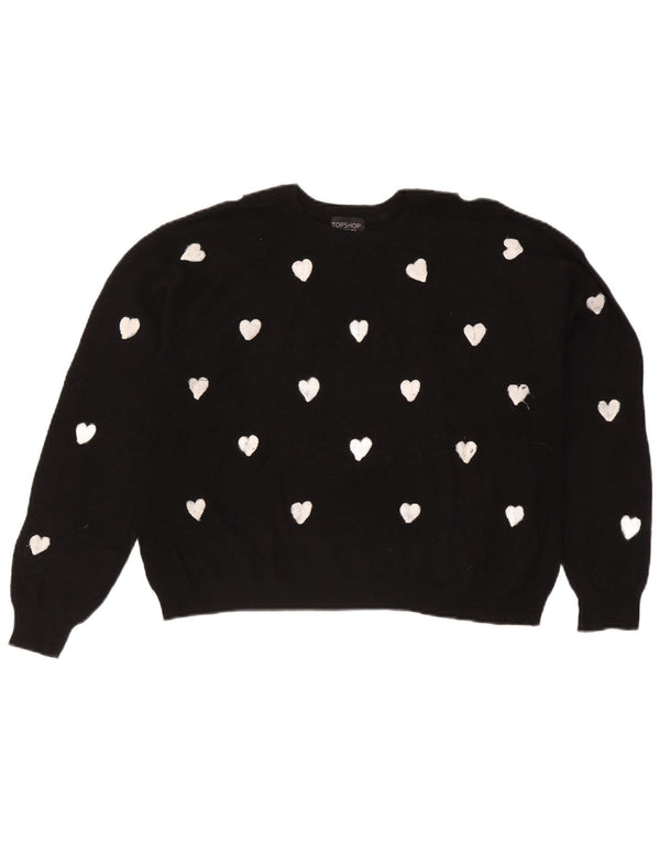 Topshop Dame Abstrakt mønster Boat Neck Jumper Sweater UK 16 Large Black