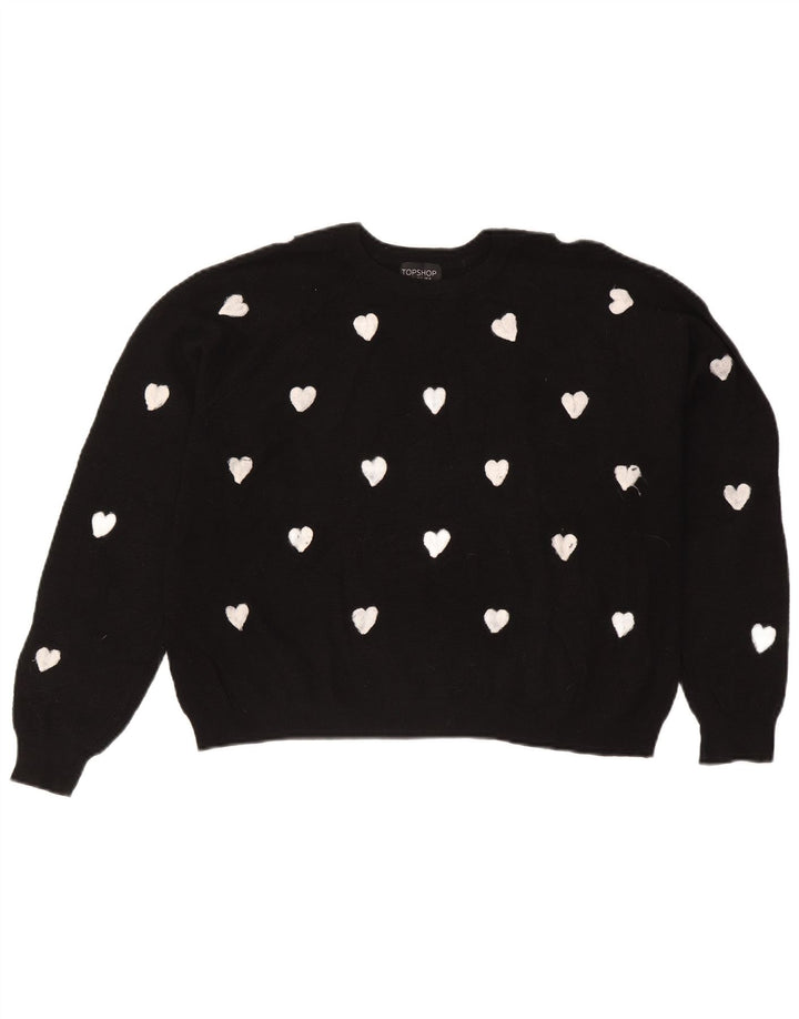 Topshop Dame Abstrakt mønster Boat Neck Jumper Sweater UK 16 Large Black