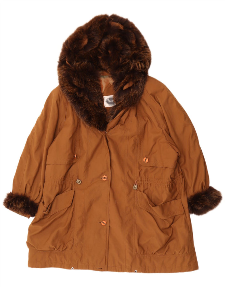 Vintage oversize overfrakke med hætte til kvinder 18 XL brun polyester