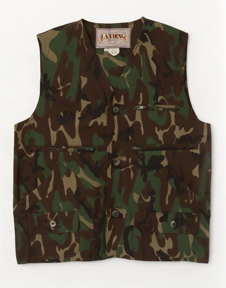 Vintage Herre Utility Gilet IT 50 Large Green Camouflage Polyester
