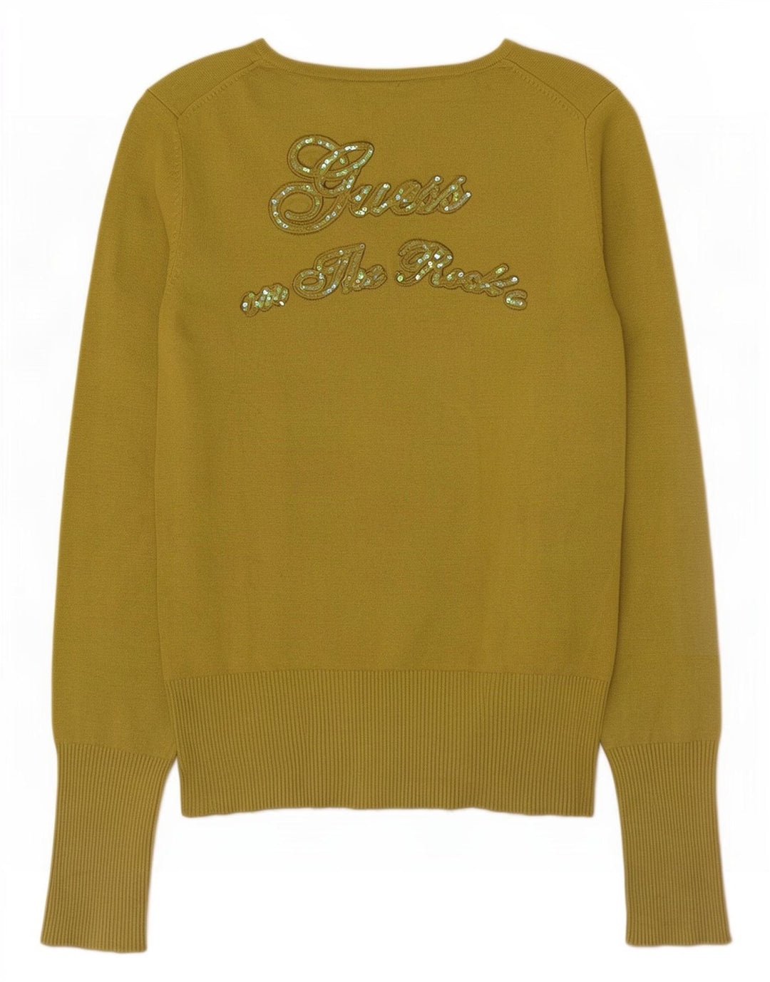 Guess Dame grafisk V-hals sweater UK 16 Medium Green Viscose